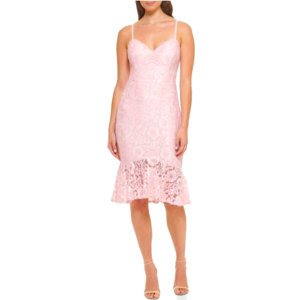 Guess light pink floral lace midi dress